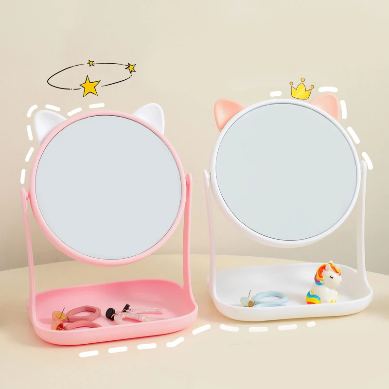 

Cute Rotatable Makeup Mirror With Cat Ears-shaped Decor Standing Desktop One-way Mirror With Organizer Beauty Tool Bathroom