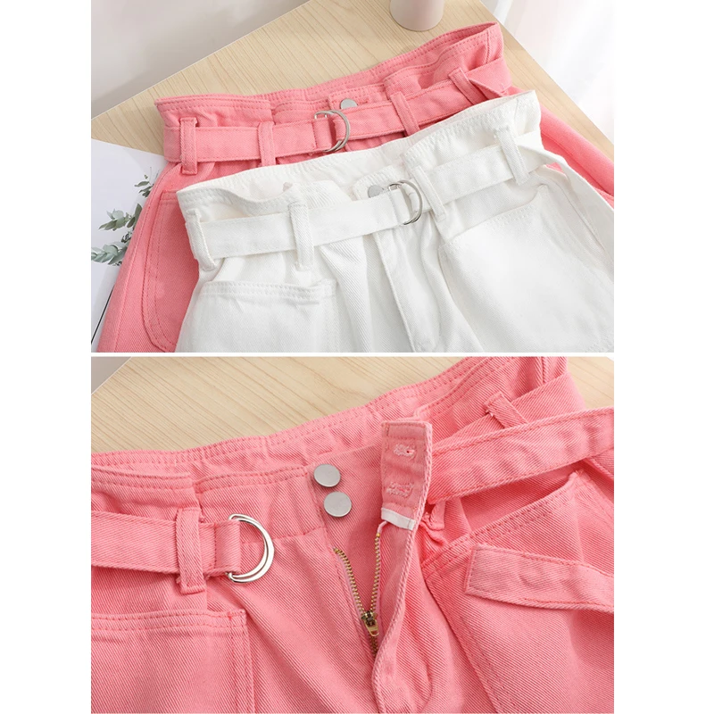 Female Casual Sweet Summer Short Jeans Women's Denim Shorts Classic Vintage High Waist Pink White Wide Leg Bandage Lady Clothing