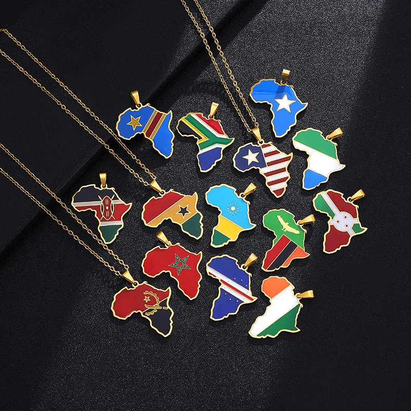 

New Africa Map Flag Pendant Necklace Gold Color Stainless Steel Ghana Nigeria Congo Somalia Angola Liberia African Jewelry Gift