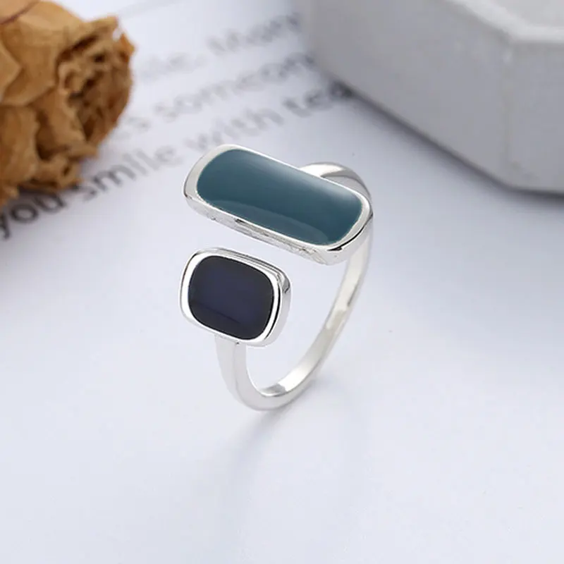 

Gradually Blue Oil Dripping Ring Simple Rectangular Open Rings New Korean Style 925 Sterling Silver Jewelry Gifts Retro Anillos