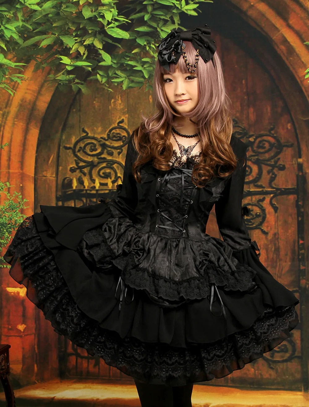 Gothic Black Lolita One Piece Dress Long Hime Sleeves Lace Up Layers Lace Trim