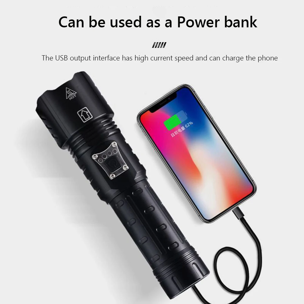 

Перезаряжаемый светодиодный фонарик XHP90, масштабифонарь онарик с индикатором питания, фонарик с USB-выходом, водонепроницаемый точечный све...