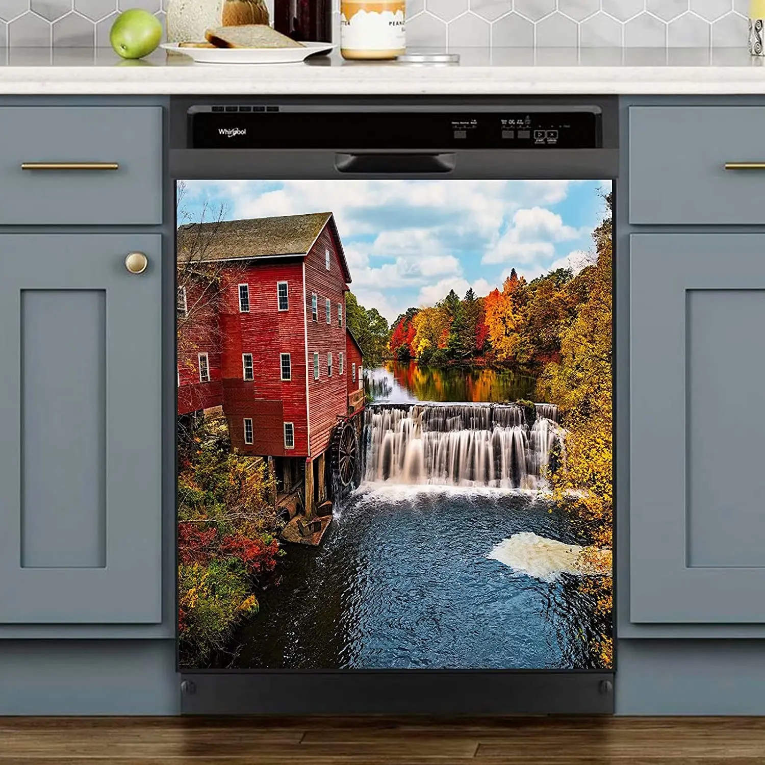 

Autumn Scenic Dishwasher Magnet Cover, Home Kitchen Decoration,Rustic Idyllic Style,River Sticker Decorative Refrigerator,Fall T