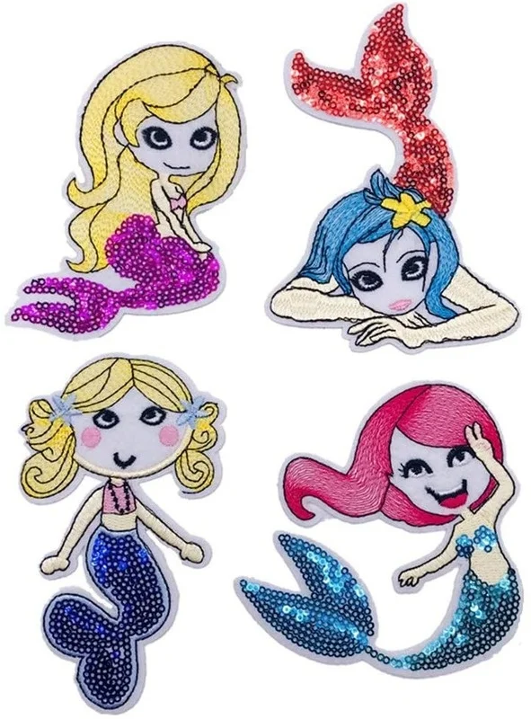 

1PC/4PCS Mermaid Embroidered Sequin Patches for Clothing Bags DIY Iron on/Sew on Motif Applique Set Girls Gifts Clothes Sticker