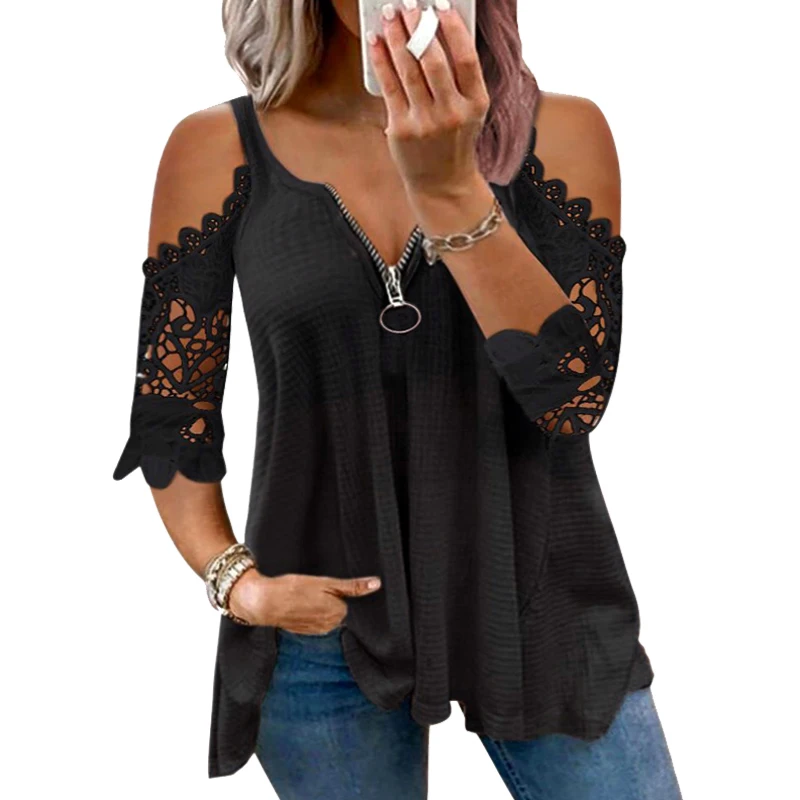 

Женская блузка с открытыми плечами ROSEGAL, черная, белая блузка с кружевной вставкой на молнии, повседневный топ с V-образным вырезом и рукавом ...