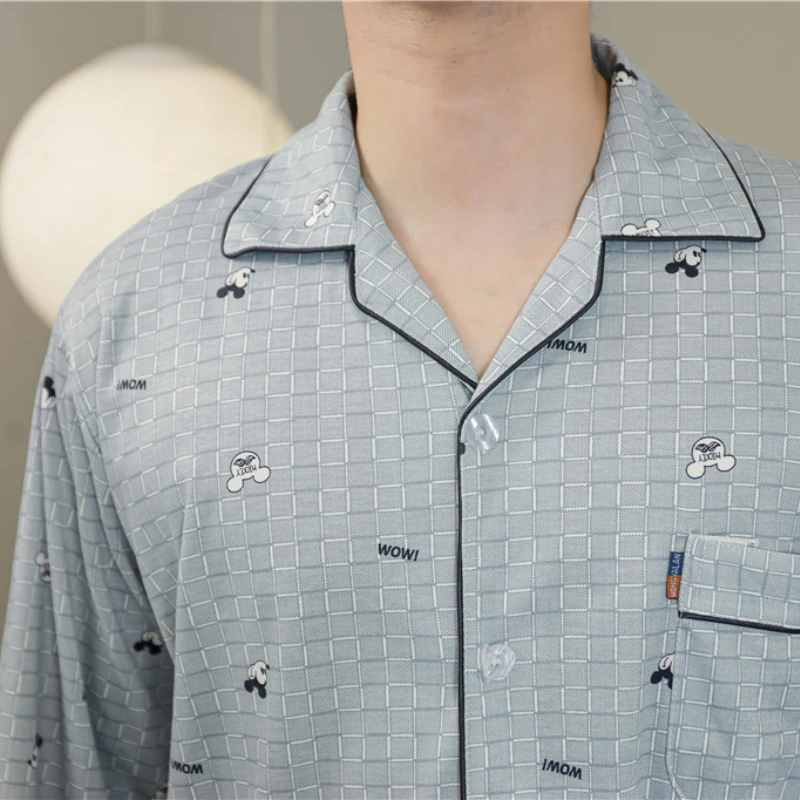 New Men's Pajamas Spring and Autumn Korean Style Pure Cotton Loose Cardigan with Turn-over Collar Long-sleeved Home Service Suit