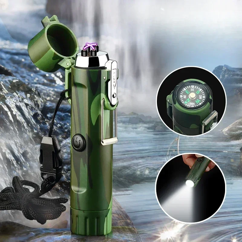 

Windproof Flashlight, Compass, Power Display, Touch Button, Lighter, USB Charging, Waterproof Double Arc Electronic Lighter