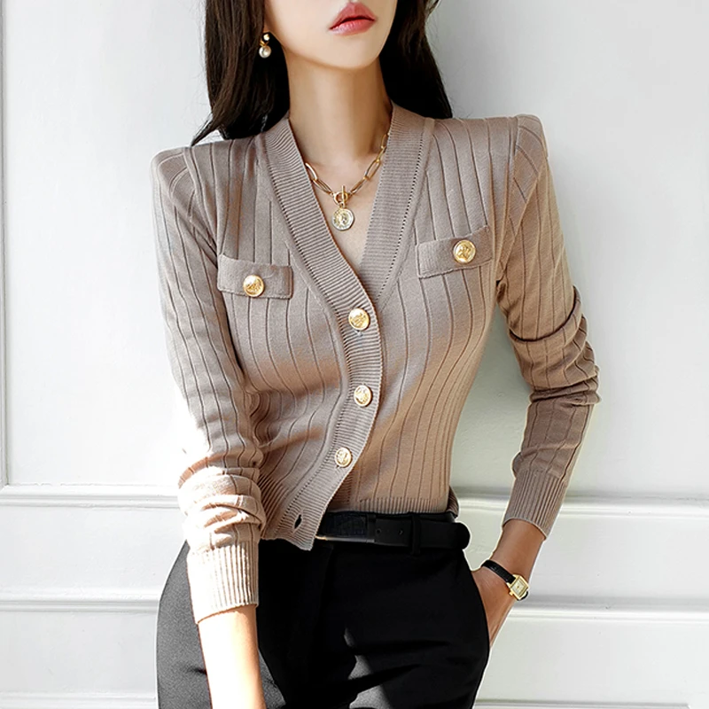 Khaki Chic Knitted Cardigan Women Golden Button Autumn 2022 V-neck Cropped Sweater Ladies Business Elegant Winter Knit Tops