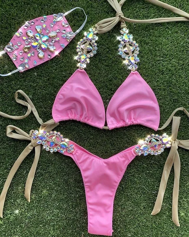 

Sexy Rhinestone Bikini Women Solid Pink Sequin Crystal Diamond 2 Piece Swimsuit Brazilian Bathers Bathing Suit Thong Swimwear