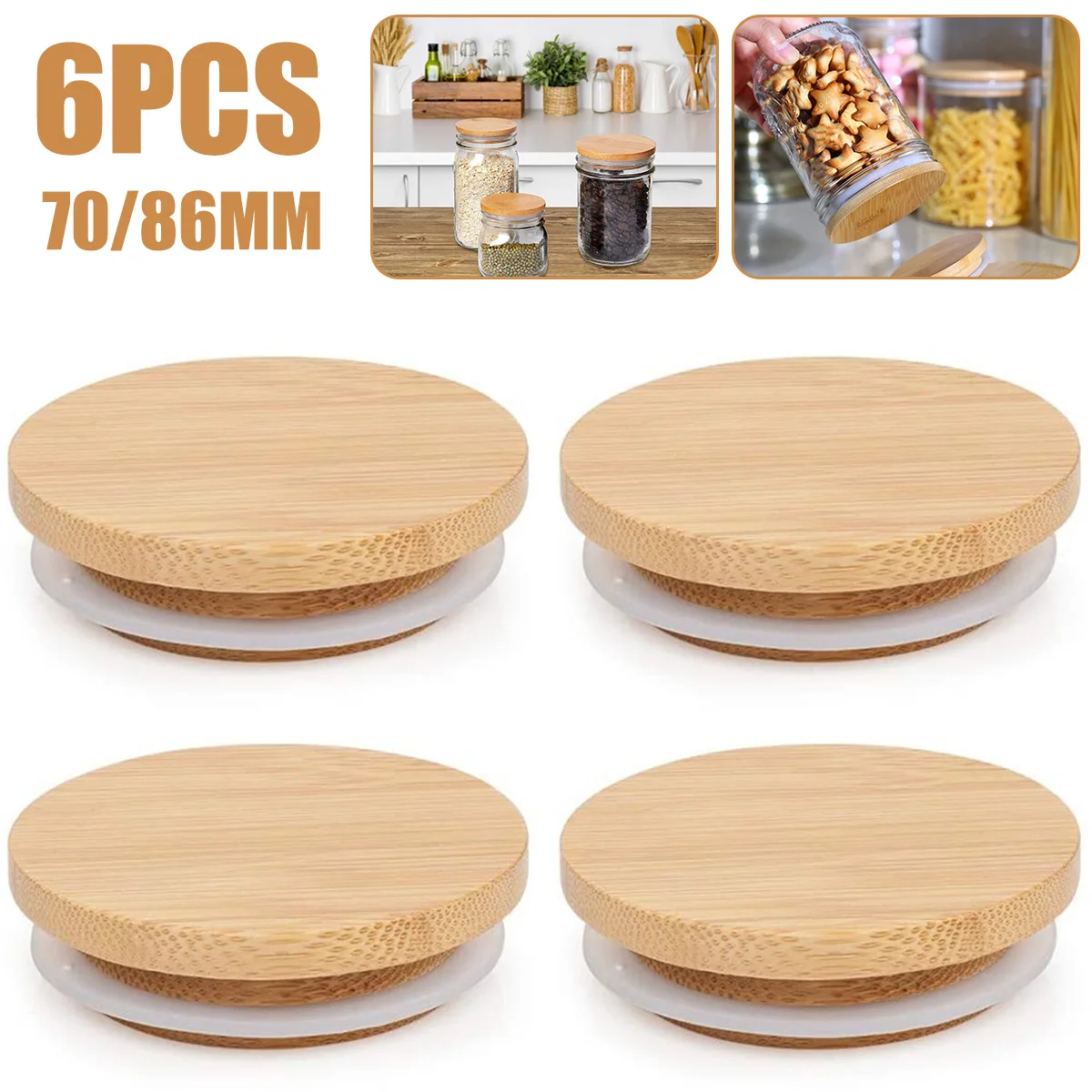 

New 6Pcs Bamboo Mason Jar Lids with Straw Hole 70mm/86mm Wide Mouth Lid Bamboo Jar Lids with Silicone Sealing Rings for Can