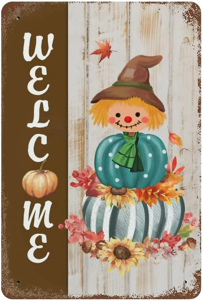 Vntge Sgns Metl Fll Добро пожаловать Thnksgvng Tn Sgn 812 n Pumpkn Screcrow Decorns Cusm Personlzed Chc Rustc