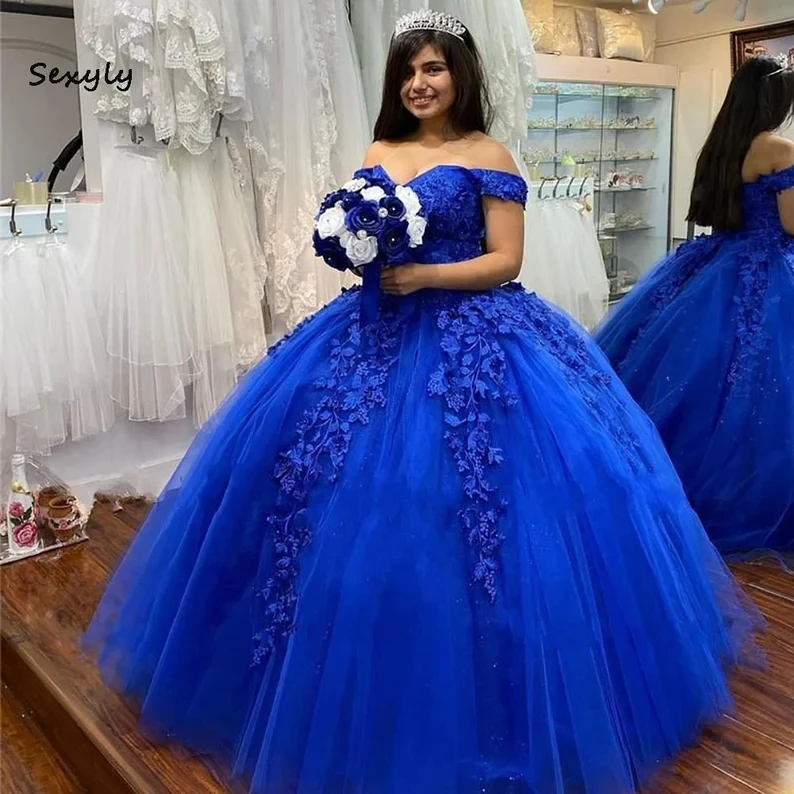 

Royle Blue Off the Shoulder Sweet 16 Quinceanera Dresses Sequins Lace Applique