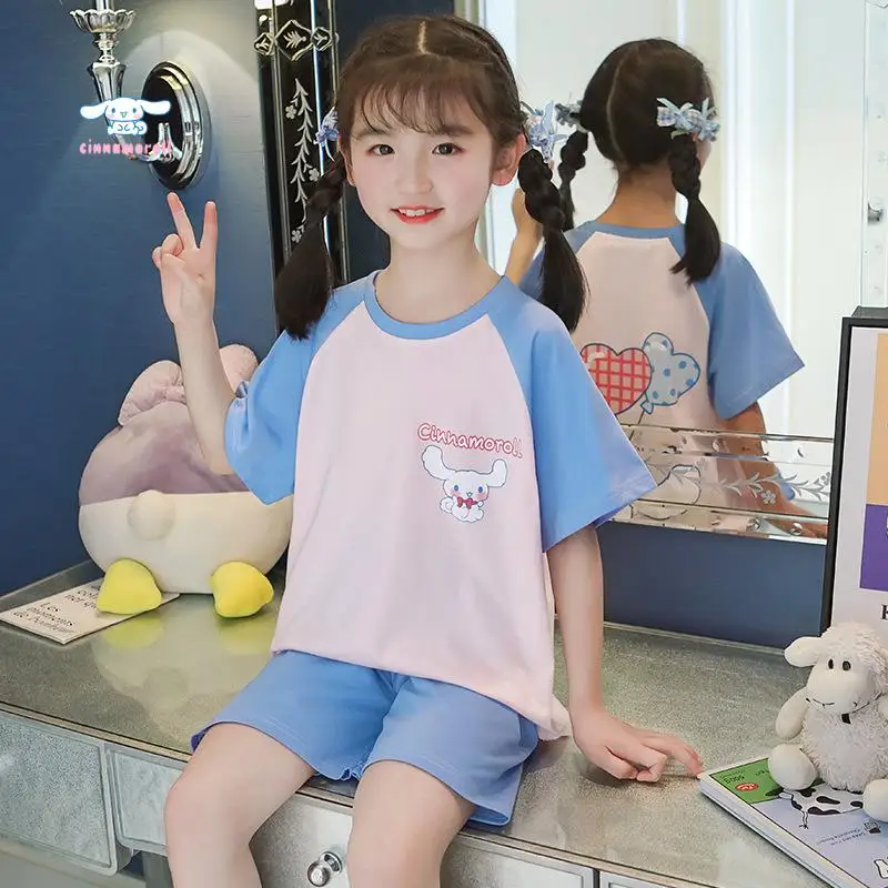 

Sanrio Anime Cinnamoroll Kawaii Kids Homewear Cartoon Summer Girl New Comfortable Casual Pajamas Short Sleeve Set Festival Gift