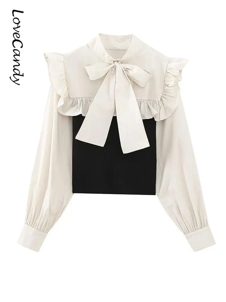

Women Fashion Sweet Bow Lapel T-shirt 2023 Spring Elegant Patchwork Lantern Sleeve Tops Chic Office Ladies Decorative Blouse