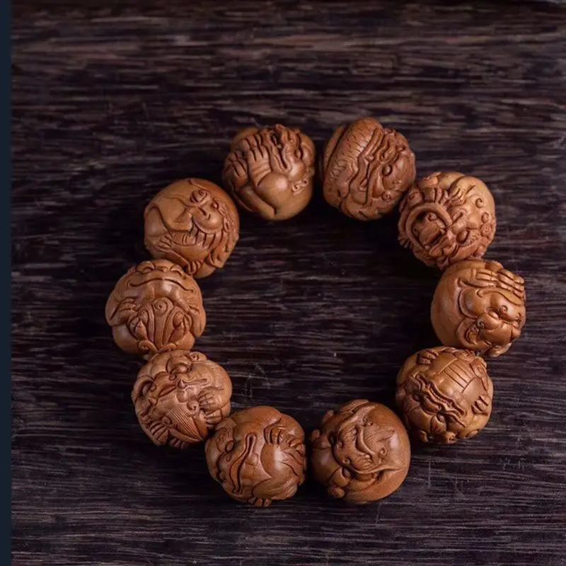 Authentic Indian Old Sandalwood Beads Bracelet Longsheng Jiuzi Beads Handmade Carved Old Materials Sandalwood Beads Bracelet