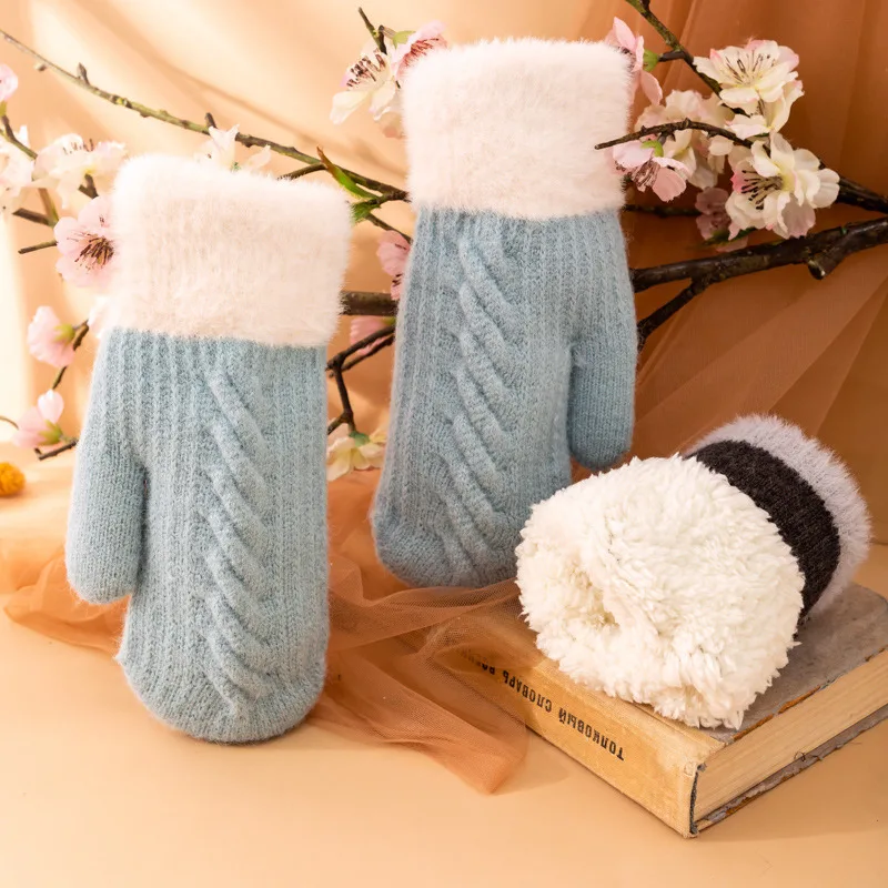 

Women Knit Twist Flowers Mittens Winter Female Wool Plus Cashmere Velvet Thickening Warm Full Finger Gloves Solid Color Mittens