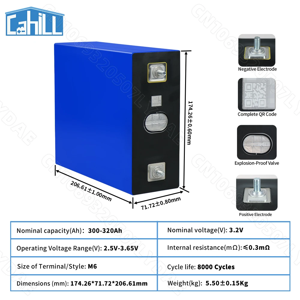 Класс A 8000+ Цикл 320Ah Lifepo4 Элементы 3.2V Фосфат железа лития аккумуляторная батарея