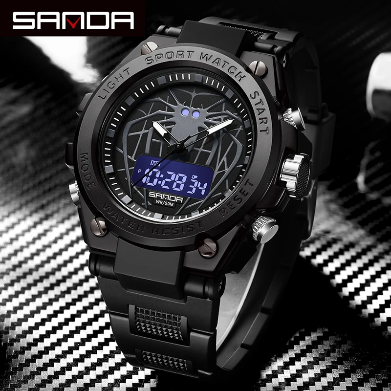 

SANDA New Men Quartz Watch 50M Waterproof Alarm Clock Analog Digitals Sport Watches LED Double Display Electronic Wristwatches