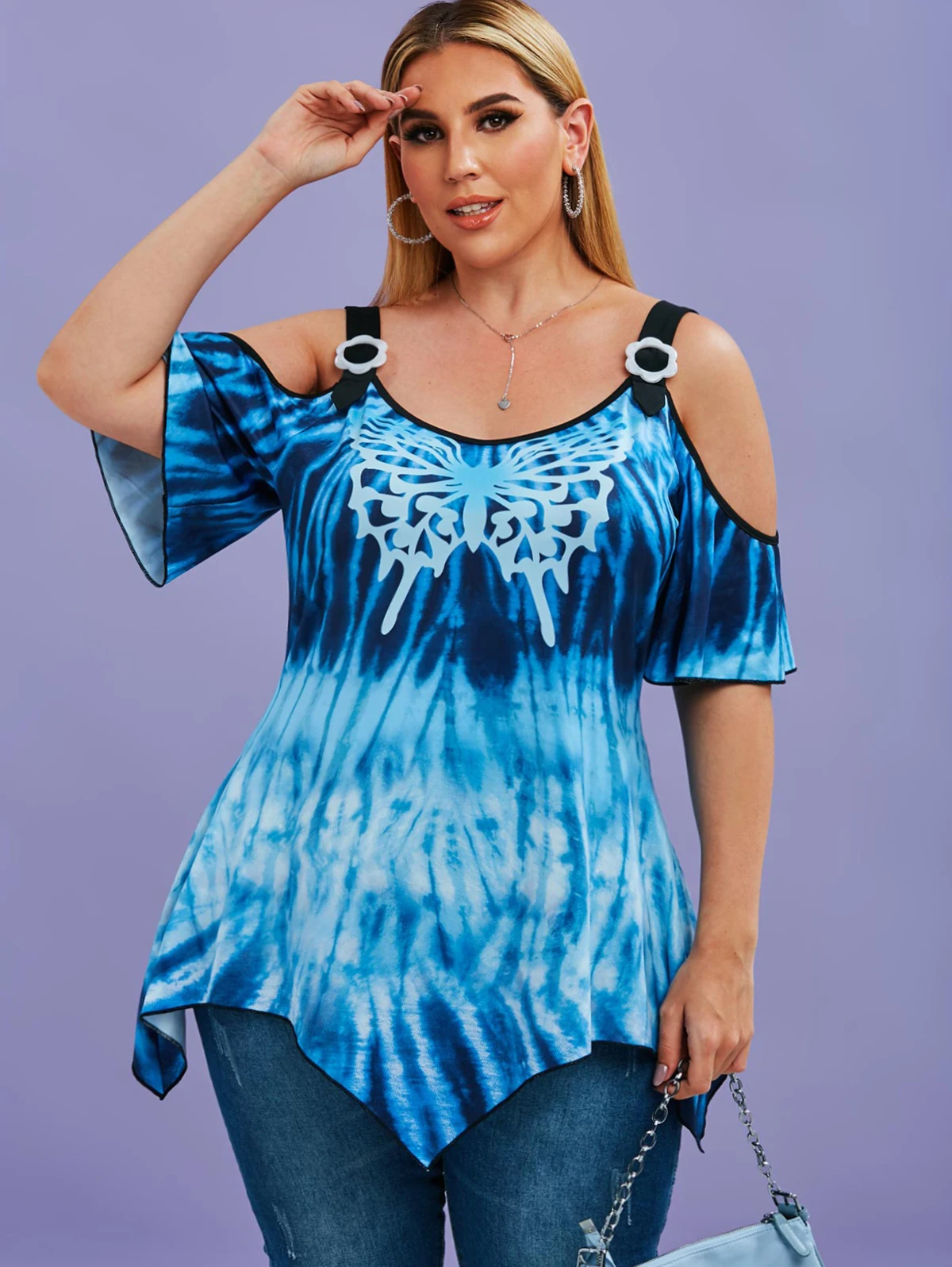 

ROSEGAL Women Blouses Top Tie Dye Cold Shoulder Butterfly Handkerchief Tees Flutter Sleeve Tunic Swing T-Shirt 5XL