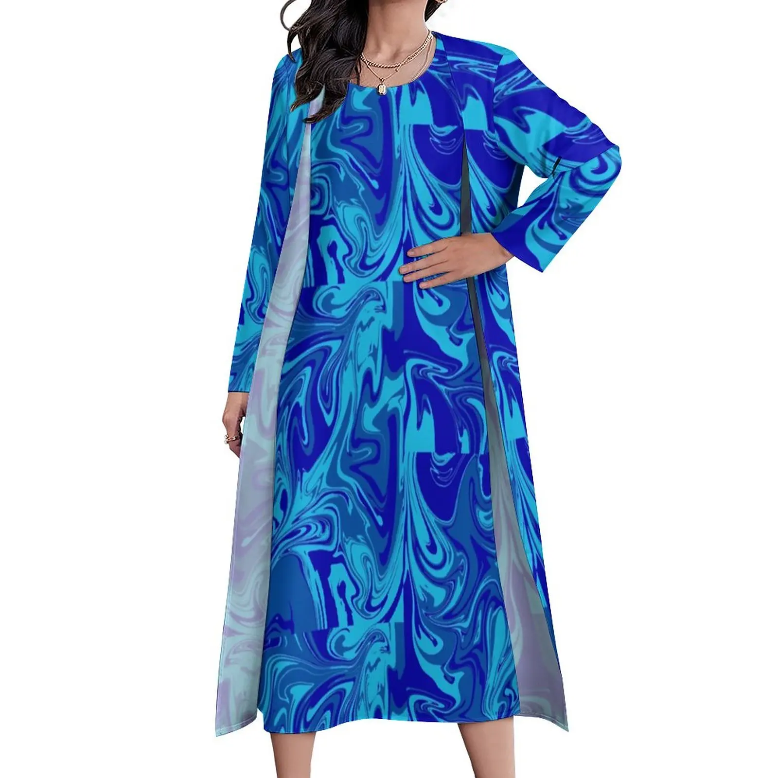 

Blue Neon Paint Dress Abstract Liquid Party Maxi Dress Street Fashion Casual Long Dresses Two Piece Graphic Big Size Vestidos