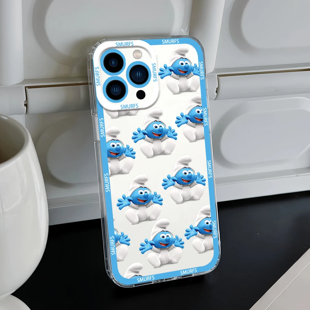 Фото Мультфильм S-Smurfs CUTE для iPhone 12, 11, 13, 14, 15, 16, Max Pro Plus, мини-защитный чехол, прозрачная рамка №3