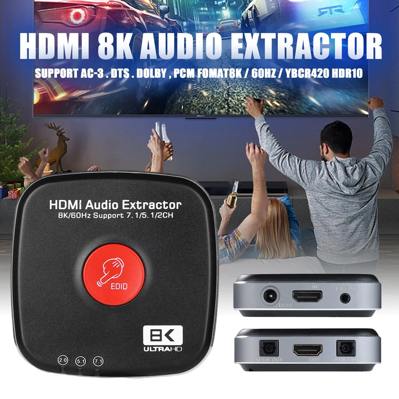 

8K 60Hz 2.1 Audio Extractor Repeater EDID Digital Analog Audio Extractor Extender SPDIF R/L 2CH/5.1/7.1CH