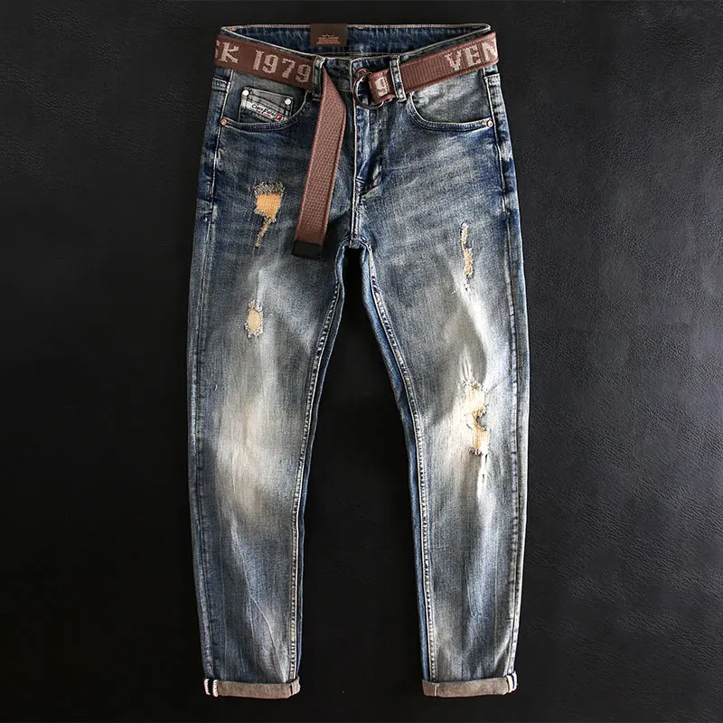 

Fashion Designer Men Jeans Retro Blue Elastic Slim Fit Patched Ripped Jeans Men Italian Style Vintage Casual Cotton Denim Pants