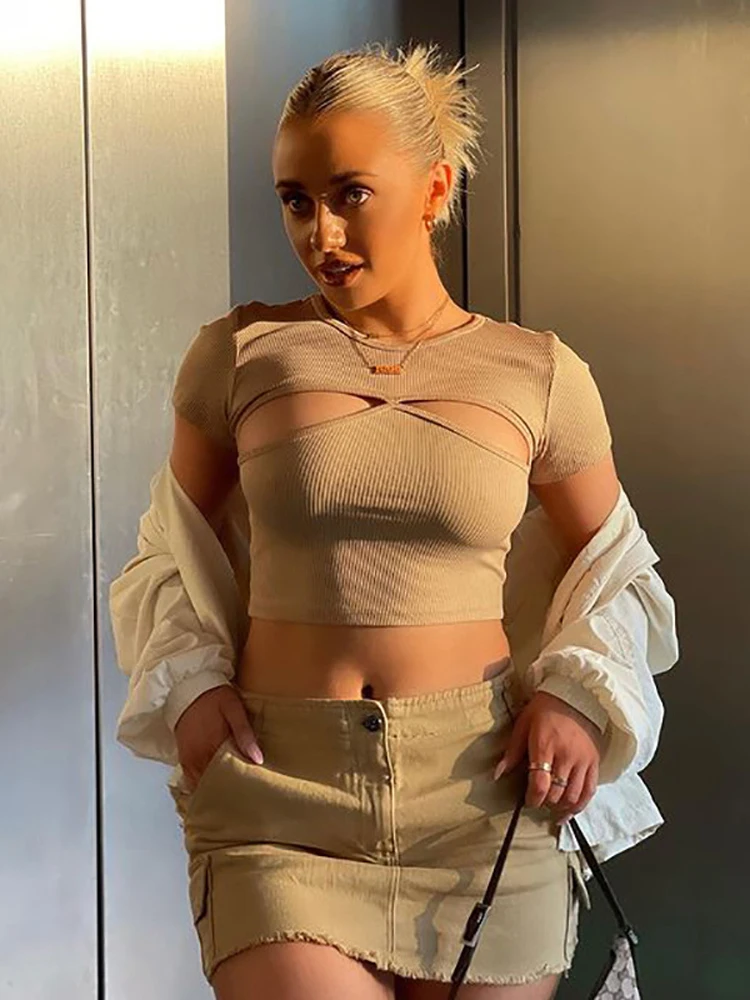 

Кроп-топ женский с коротким рукавом, пикантная облегающая однотонная мини-футболка с вырезом и круглым вырезом, одежда в стиле Харадзюку, Ло...