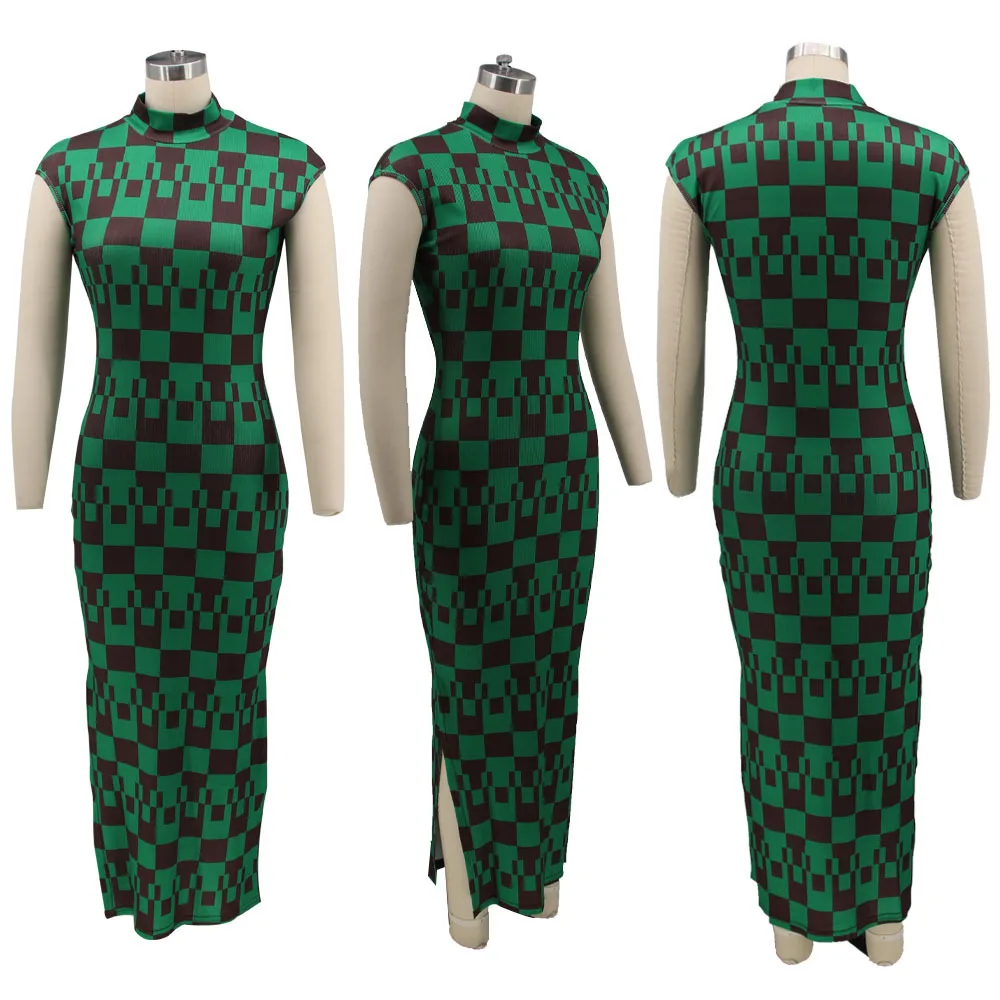 Plus Size Plaid Printed Bodycon Long Dress Sleeveless Skinny Split Party Vestidos Elegant Vintage Robes Female Clothings 2022