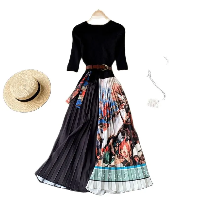 

Женское трикотажное платье составного кроя, элегантное плиссированное платье с коротким рукавом и драпировкой, с высокой талией и поясом, 2023