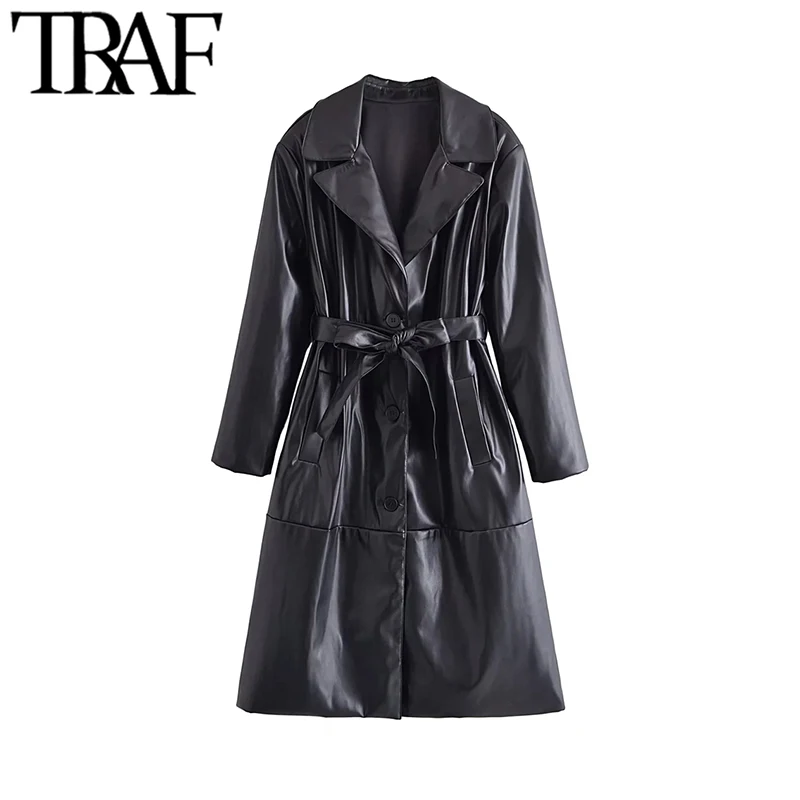 

Traf moda feminina com cinto de couro falso trench coat vintage manga longa botão-up feminino outerwear chique