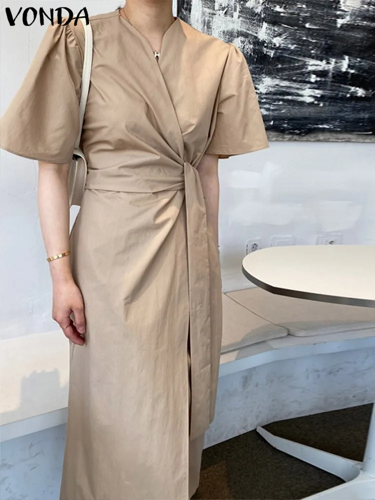 

VONDA Oversize Stylish Summer Faldas Saia Pleated Tunic Long Vestidos With Belt Women Casual Short Sleeve V Neck Holiday Dresses