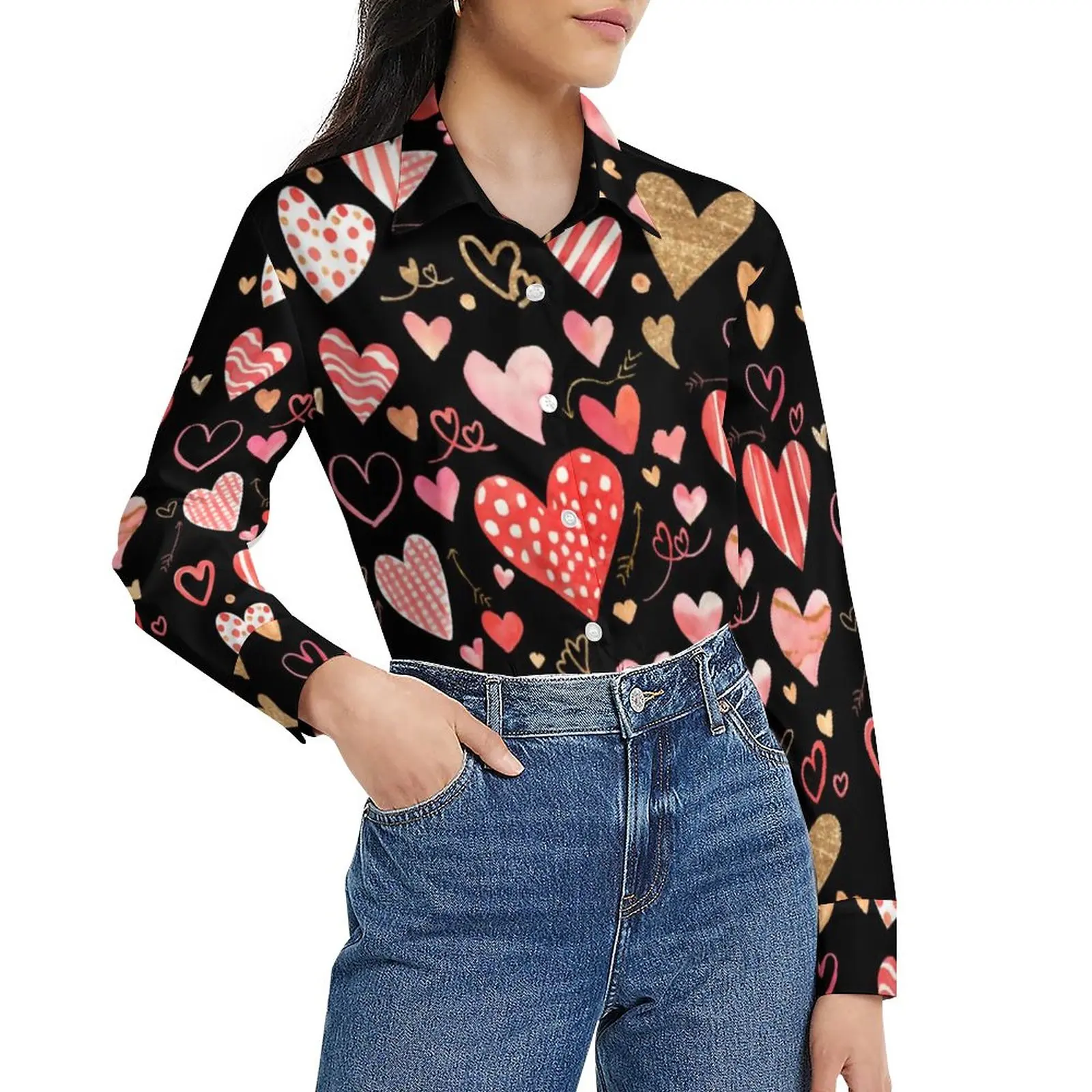 

Abstract Heart Print Blouse Valentines Day Cute Printed Blouses Female Long-Sleeve Casual Shirt Summer Oversize Clothes