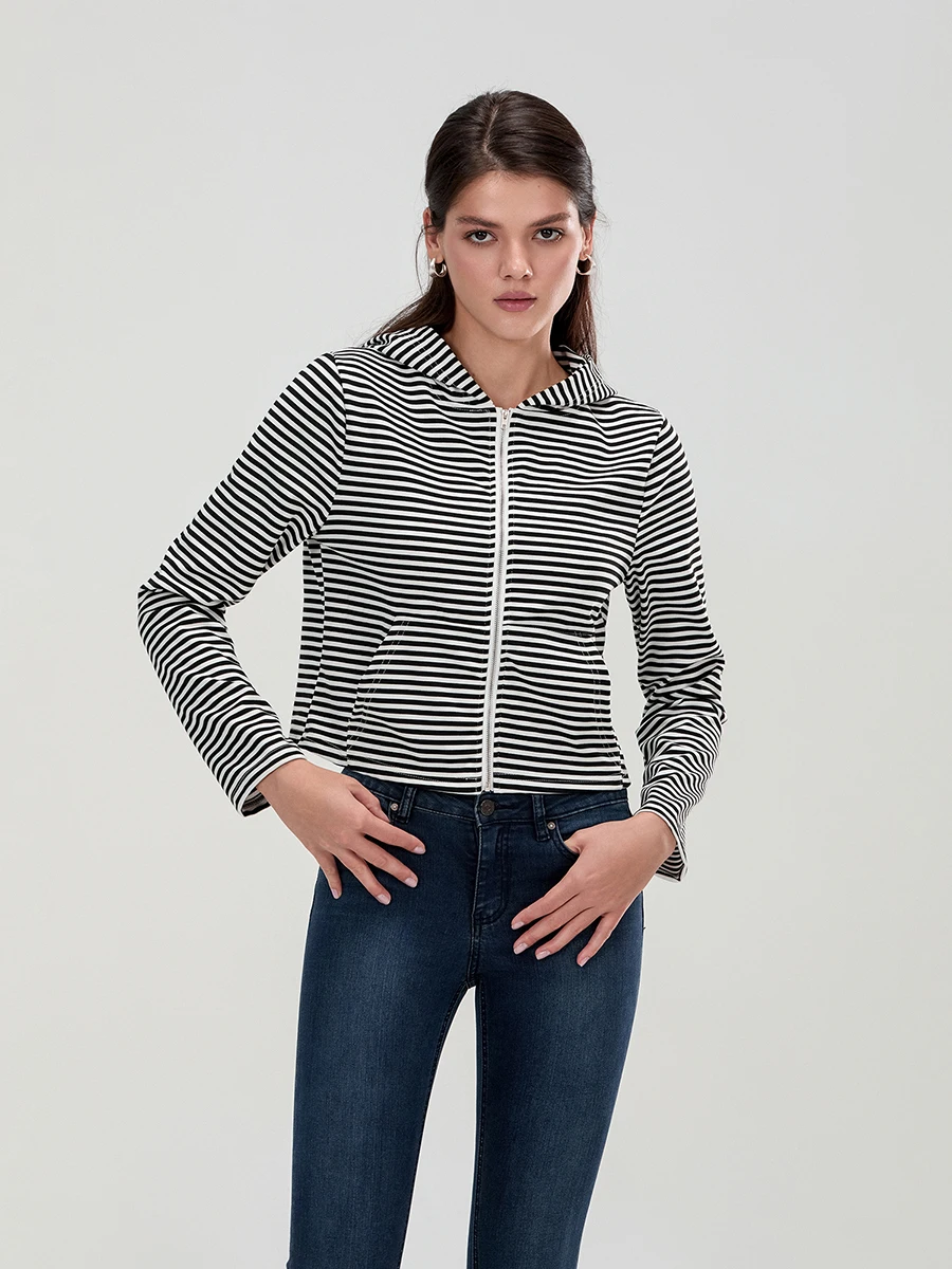 Женские осенние толстовки с капюшоном в полоску и длинными рукавами укороченное