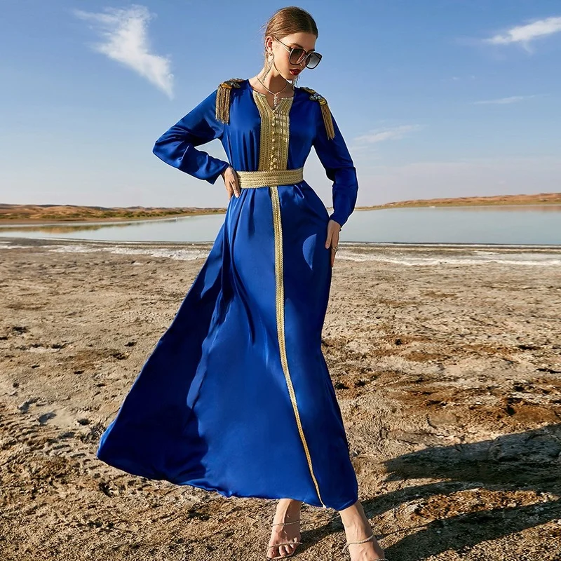 Blue Satin Abaya Dubai Turkish Islam Kaftan Arabic Long Muslim Dress Djellaba Femme African Dresses for Women Caftan Marocain