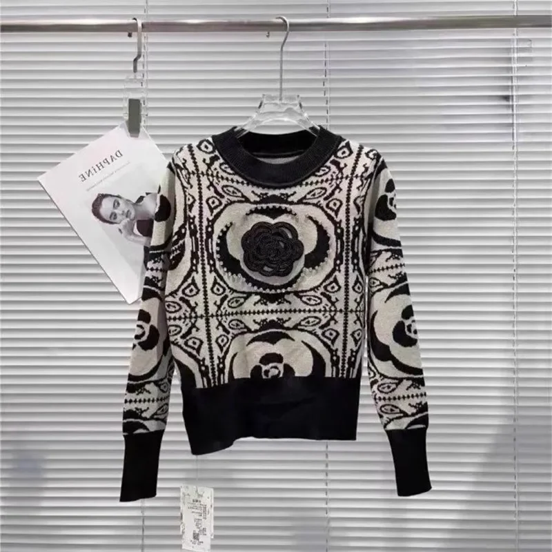 

Женский трикотажный кашемировый свитер, жаккардовый пуловер с длинным рукавом и бусинами из камелии, джемпер на осень и зиму