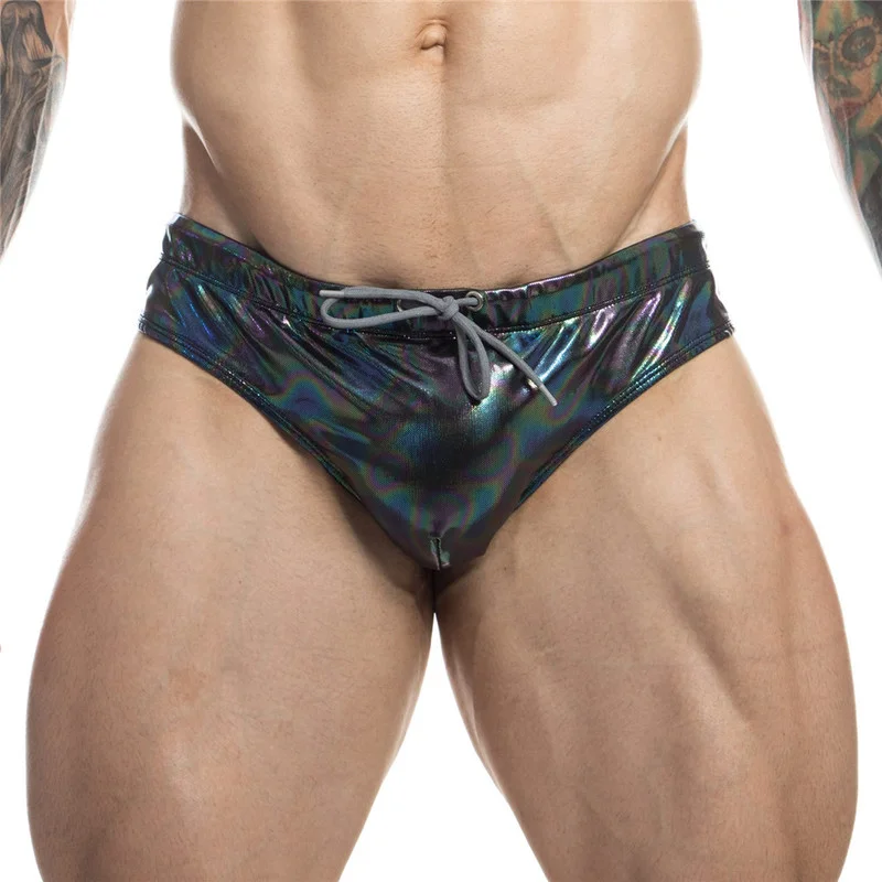 

2PCS Man Briefs Shiny PU Leather Surfing Swimwear Low Waist Sexy Swimsuit Swimming Trunk Bathing Pouch With Pad Bikini Underwear