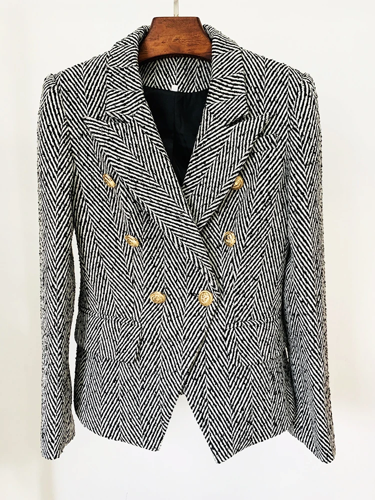 HIGH STREET Newest 2022 F/W Designer Woolen Coat Women's Slim Fitting Lion Buttons Herringbone Stripted Tweed Jacket Blazer