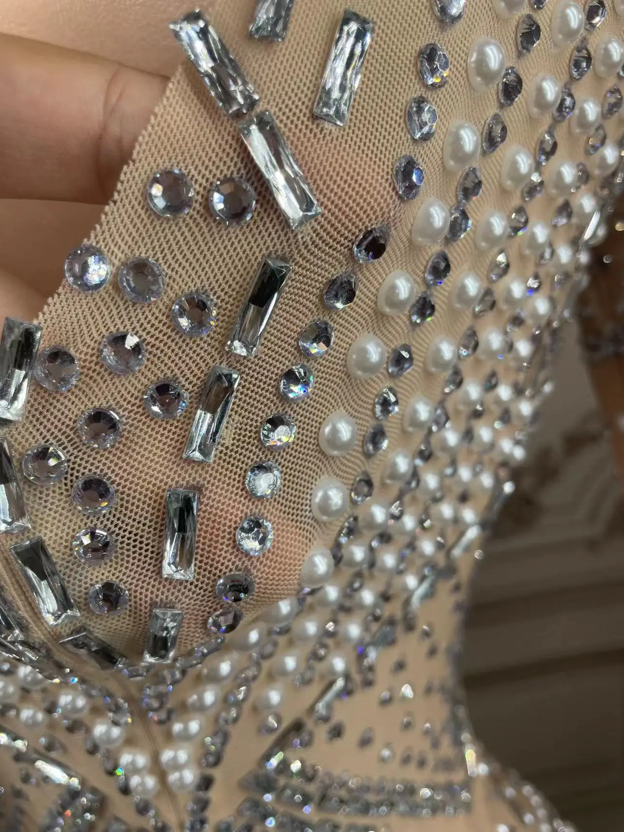 High End Rhinstone Pearls  Evening See throughDress Deep V Festival Showgirl Costume Birthday Formal Real Women Celebrate