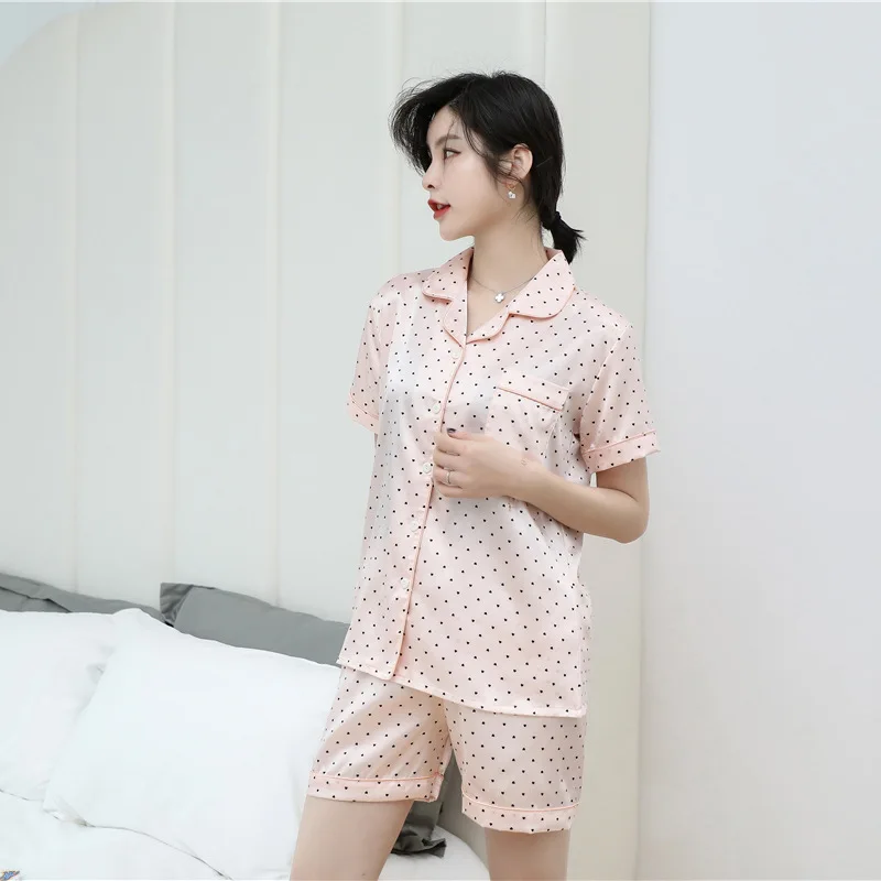 CAIYIER 2022 New Luxury Dot Silk Pajamas Set Summer Soft Nightwear Female Short Sleeve Sleepwear Big Size M-5XL Girls Loungewear