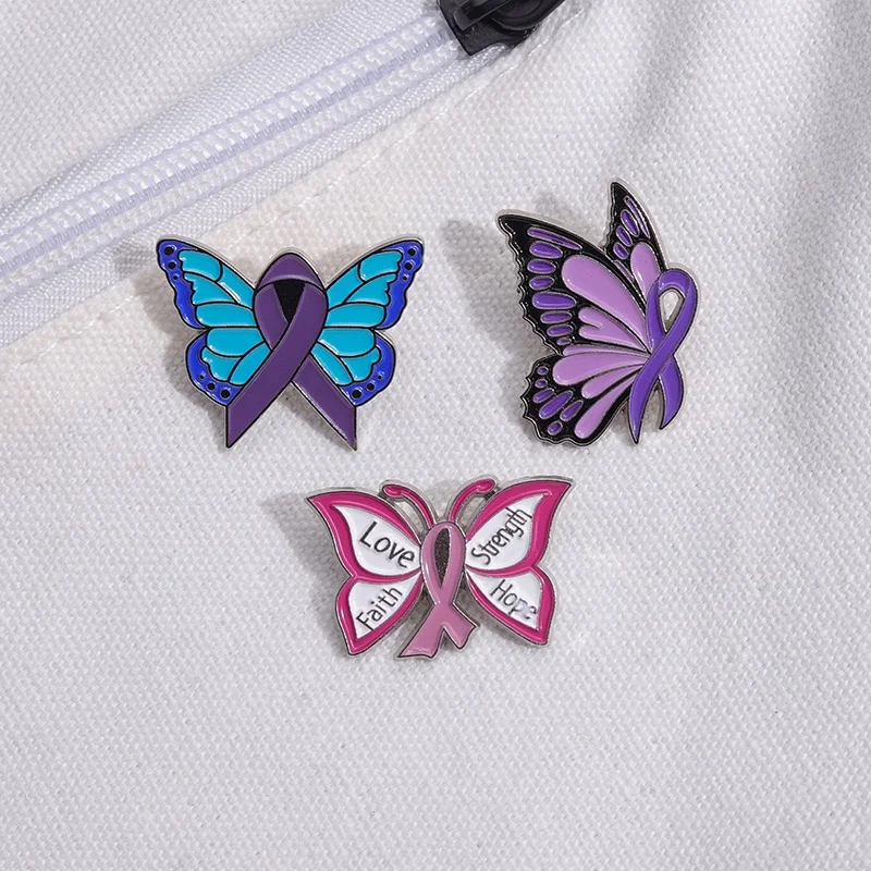 

Butterfly Enamel Pin Brooch Metal Breast Cancer Purple Pink Awareness Ribbon Metal Gift Backpack Month Symbol Badge Wholesale