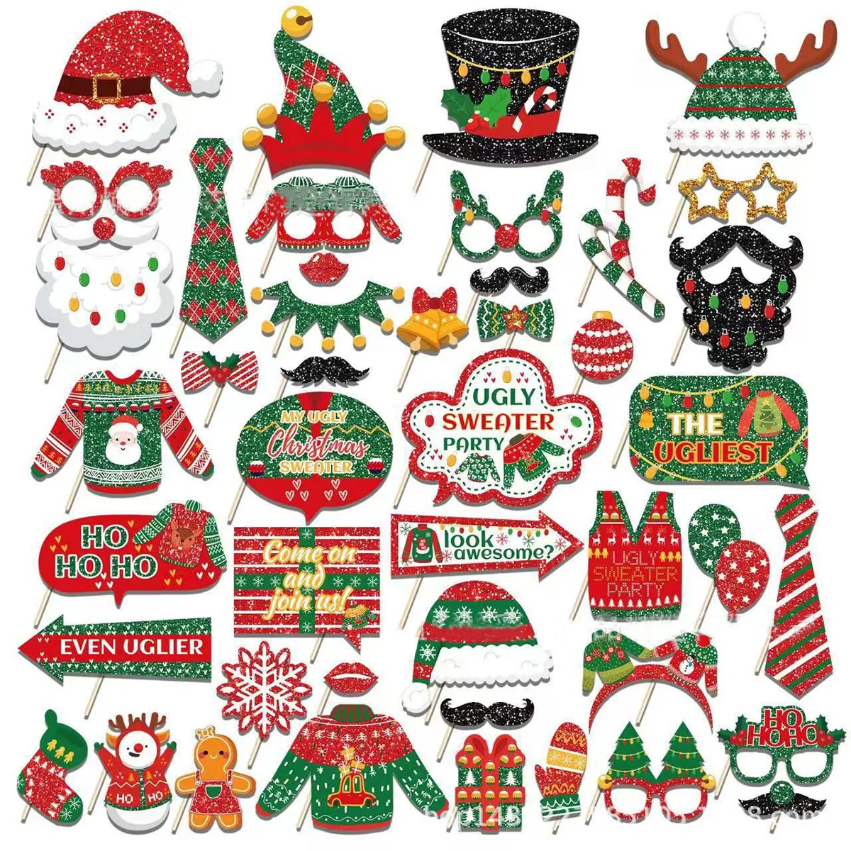 

45pcs Christmas Photo Props Santa Claus Beard Elk Horn Hohoho Photo Prop Merry Christmas Party Happy 2024 Noel Party Supplies