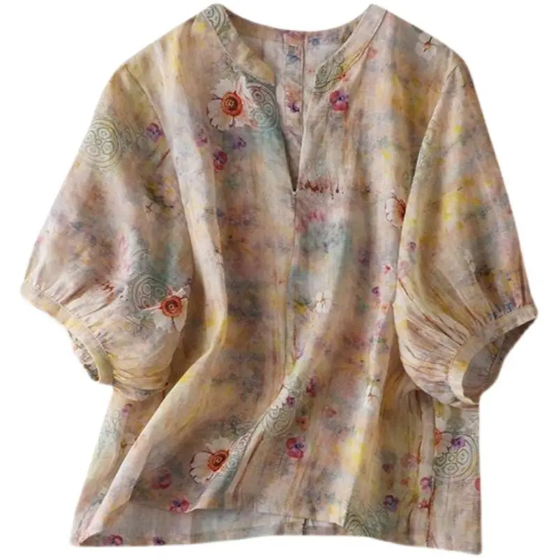 Женская футболка в этническом стиле свободная универсальная плиссированная с