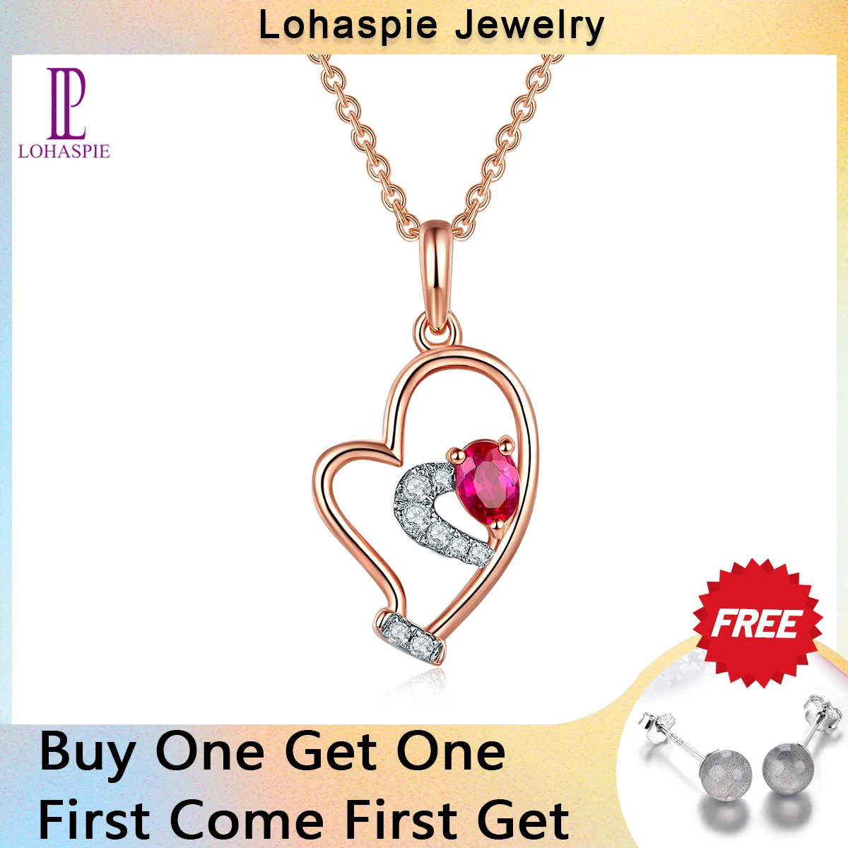 LP Diamond-Jewelry Solid 9K 10K 14K 18K Rose Gold Natural Ruby Heart Pendant For July Birthday Gift Fashion W/ Silver Chain