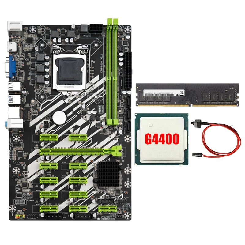 

B250 BTC Mining Motherboard With 4400CPU+8G DDR4 RAM+Switch Cable 12 PCI-E Slots LGA1151 DDR4 RAM SATA3.0 VGA+HD