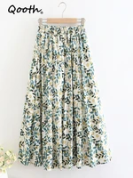 qooth spring summer women high waisted floral printed skirts women casual midi skirt all match with big swing qt1715