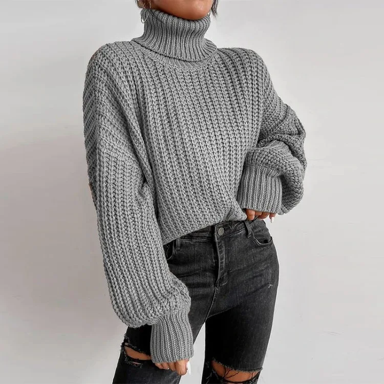

Autumn and Winter 2022 Fashion Shoulder Drop Long Sleeve Knitted Loose Pullover High Neck Sweater Women