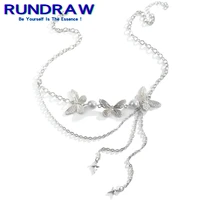 rundraw fashion silver color women luminous pearl three butterflies necklace party jewelry gifts necklace