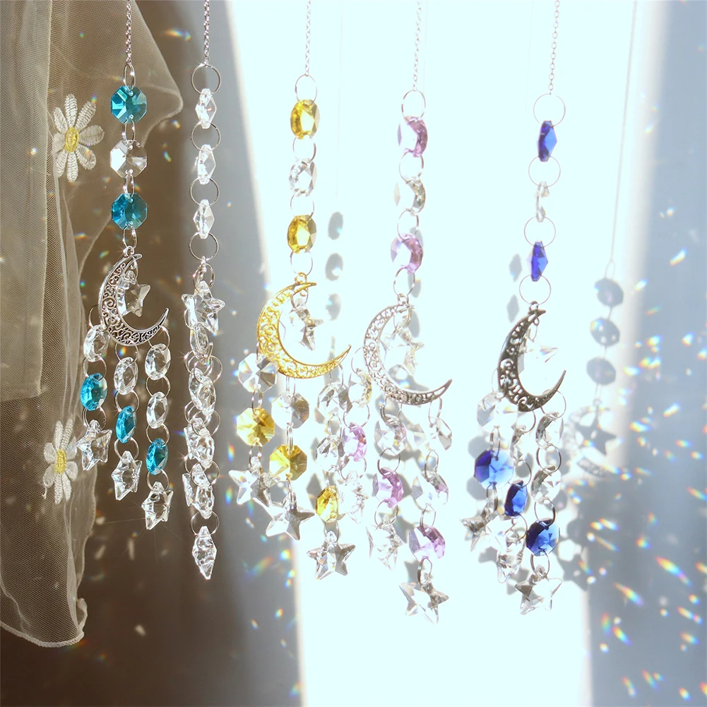 

1/2pcs Hot Crystal Windchimes Star Moon Pendant Hexagon Prisms Sun Light Catcher Garden Window Wedding Hanging Drop Wind Chime
