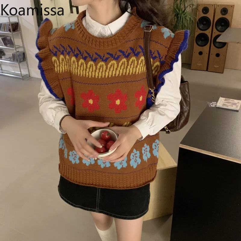 

Koamissa Sweet Women Knitted Vest Female Sleeveless Chic Korean Loose Pullover Student Floral Vintage Sweaters Spring Autumn Top